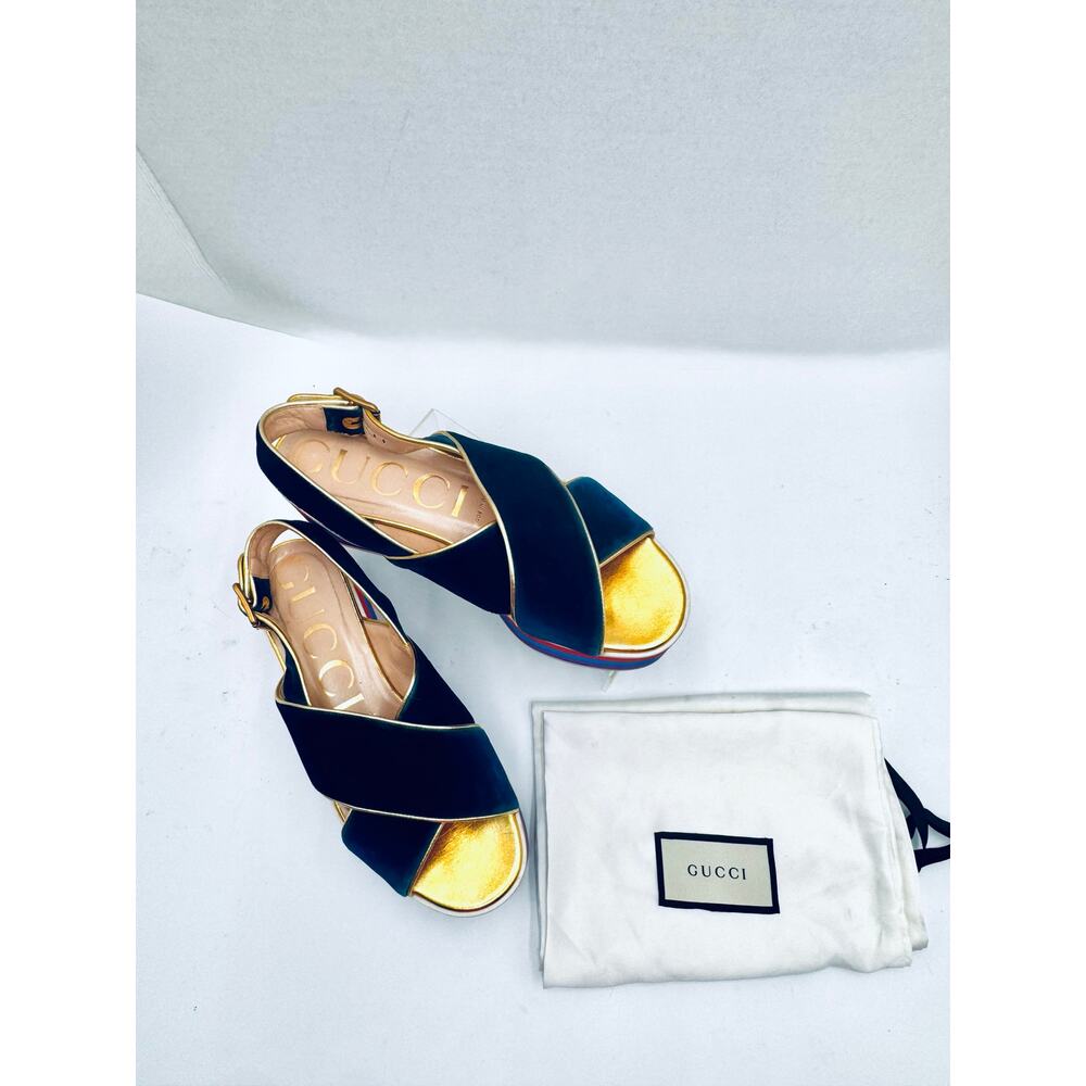 Gucci Peggy Blue Velvet Platform Sandals Crossover Strap EU 37.5 - Picture 8 of 9